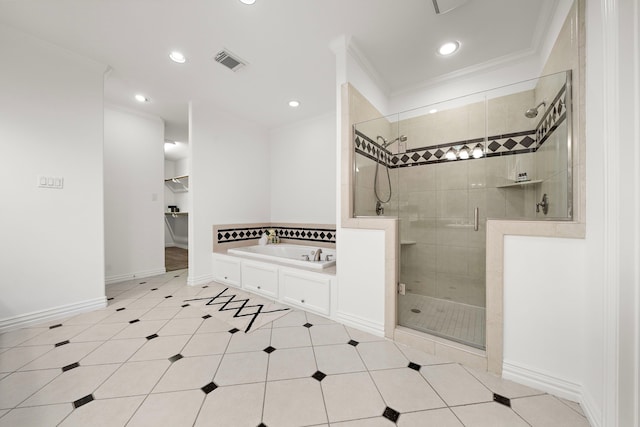 bathroom with tile patterned floors, ornamental molding, and independent shower and bath