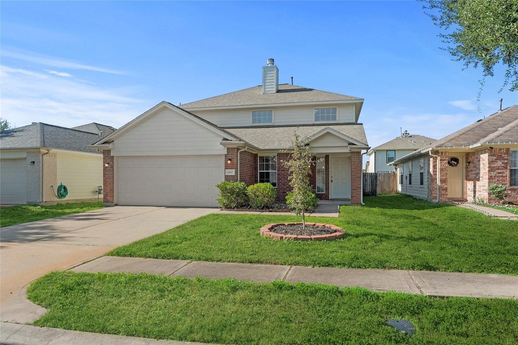 view of front of house with an attached garage, brick siding, driveway, a chimney, and a front yard