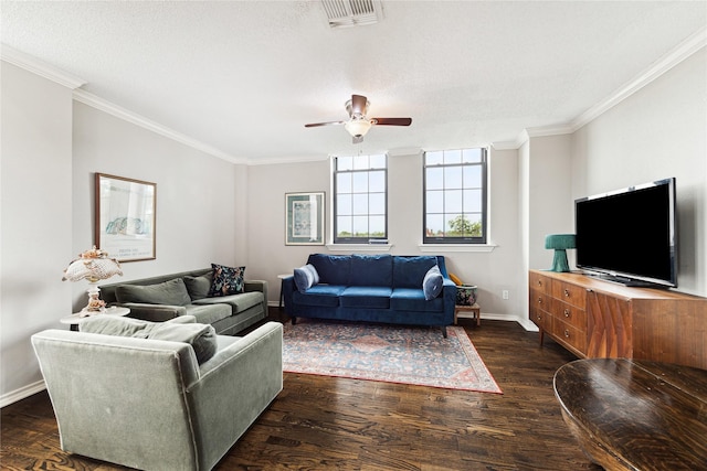 living room with dark hardwood / wood-style flooring and a textured ceiling