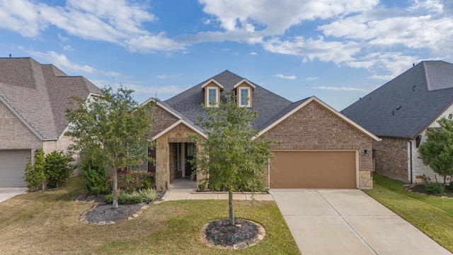 traditional-style house with a garage, concrete driveway, stone siding, a front yard, and brick siding