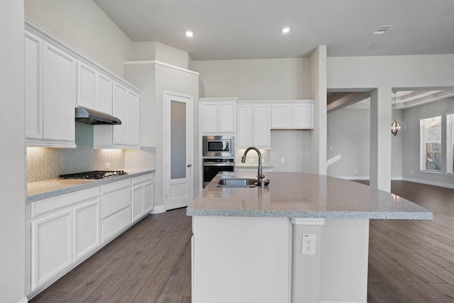 kitchen with under cabinet range hood, stainless steel appliances, a sink, backsplash, and dark wood finished floors