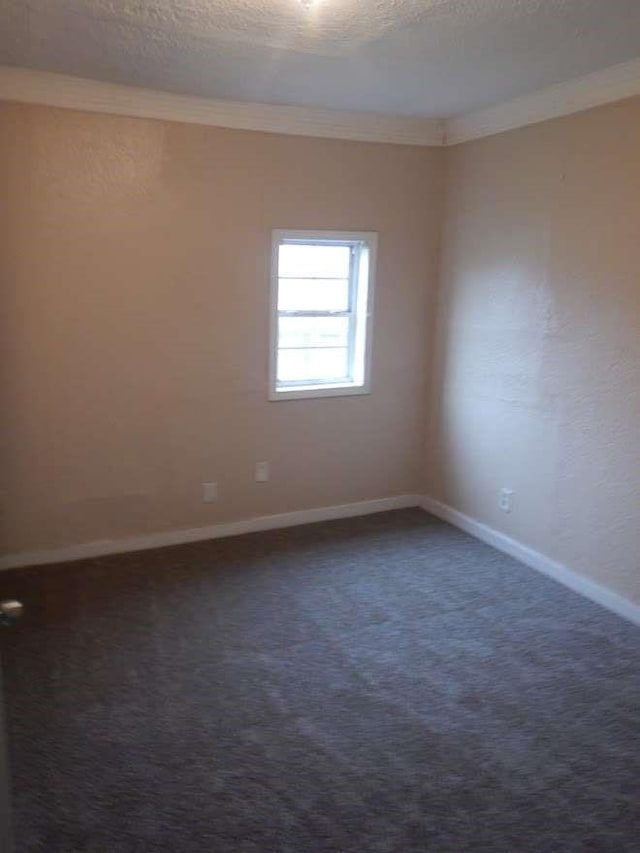 spare room with dark carpet, ornamental molding, and a textured ceiling