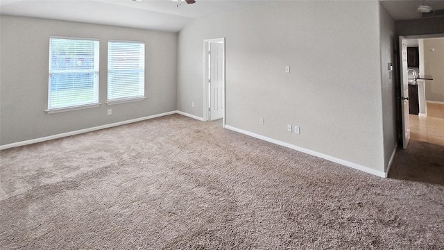 spare room featuring ceiling fan, carpet floors, and lofted ceiling