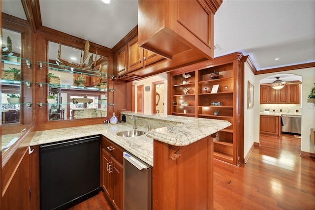 bar featuring ceiling fan, dishwasher, sink, stainless steel dishwasher, and hardwood / wood-style flooring