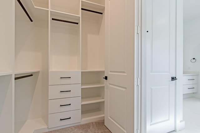 walk in closet with light carpet