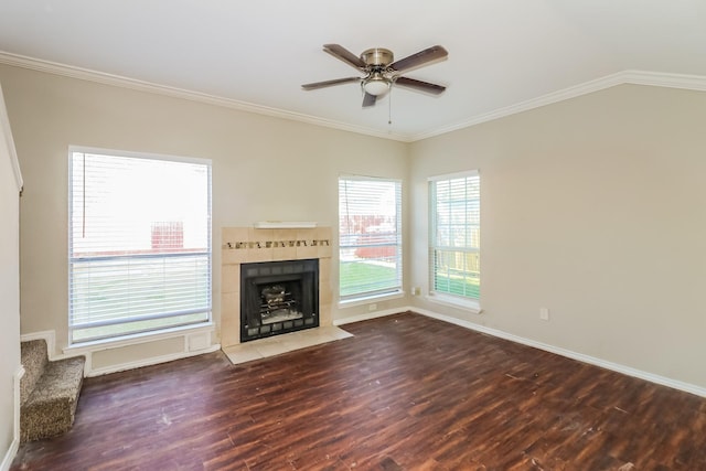 unfurnished living room with ceiling fan, crown molding, and hardwood / wood-style flooring