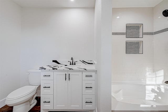 full bathroom featuring shower with separate bathtub, vanity, and toilet