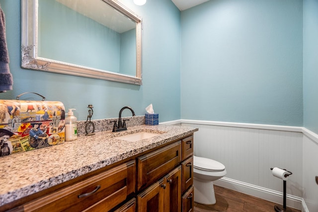 bathroom with vanity, wood-type flooring, and toilet