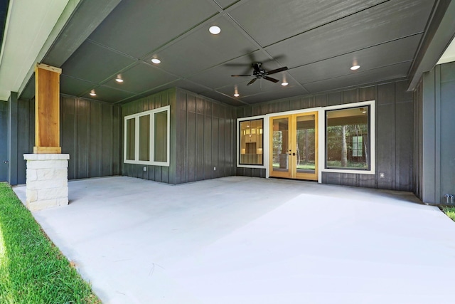 view of patio featuring ceiling fan and french doors