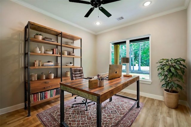 office featuring ceiling fan, light hardwood / wood-style floors, and ornamental molding