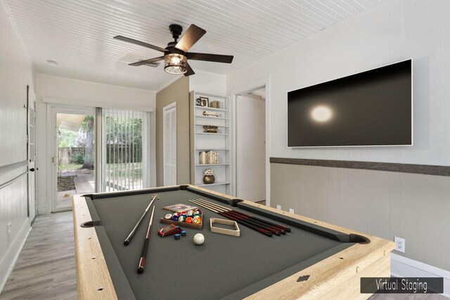 game room featuring wood-type flooring, built in shelves, wood ceiling, and billiards