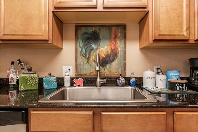 kitchen with stainless steel dishwasher, dark stone countertops, and sink