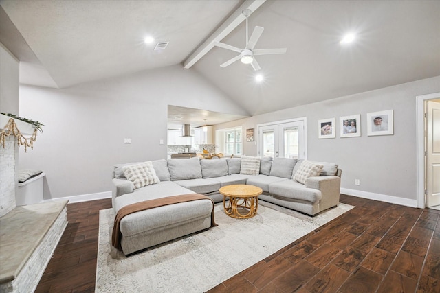 living room with ceiling fan, dark hardwood / wood-style flooring, beamed ceiling, and high vaulted ceiling