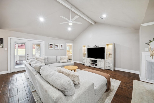 living room featuring vaulted ceiling with beams, ceiling fan, and french doors