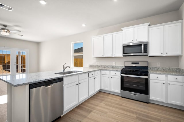 kitchen with sink, white cabinetry, kitchen peninsula, and stainless steel appliances