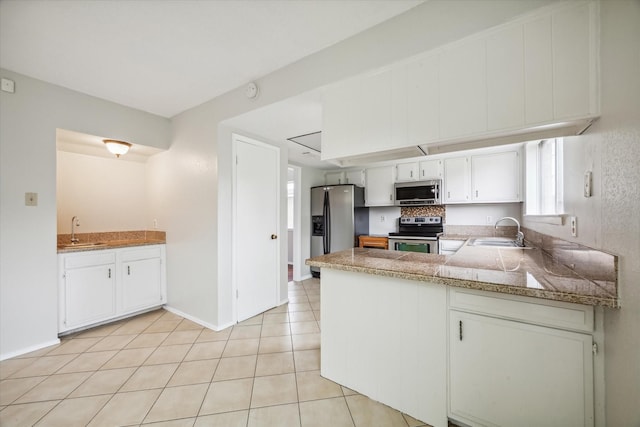 kitchen with white cabinets, sink, kitchen peninsula, and stainless steel appliances