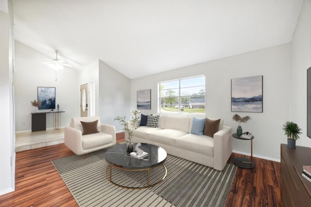 living room with ceiling fan, lofted ceiling, and hardwood / wood-style flooring