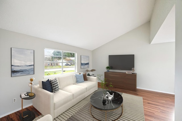 living room featuring wood-type flooring and lofted ceiling