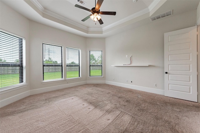 carpeted empty room with a healthy amount of sunlight, crown molding, and a tray ceiling