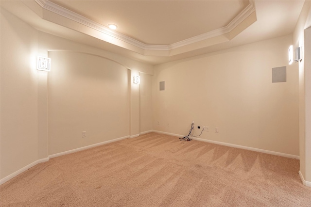 carpeted empty room with a raised ceiling and ornamental molding