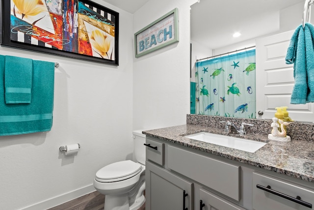 bathroom with wood-type flooring, vanity, toilet, and curtained shower