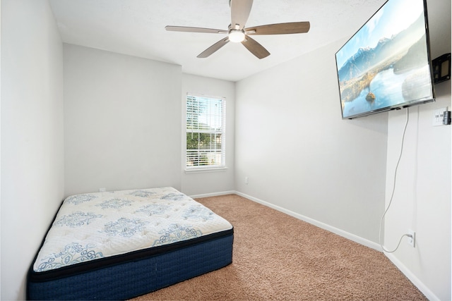 bedroom with ceiling fan and carpet floors