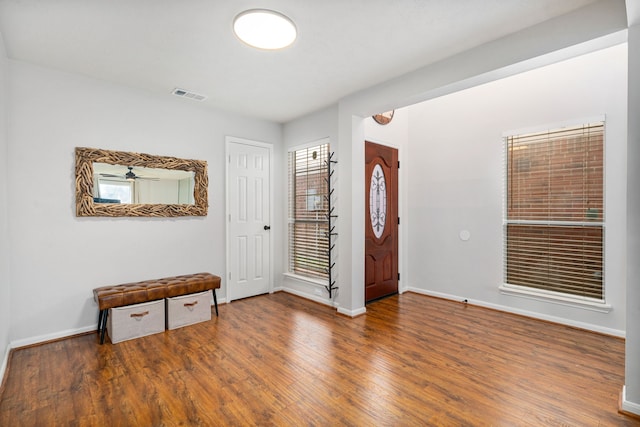 entryway featuring hardwood / wood-style flooring and ceiling fan