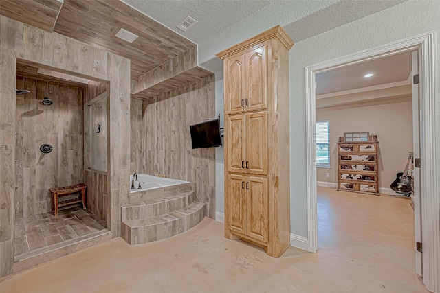 bathroom with concrete flooring and independent shower and bath