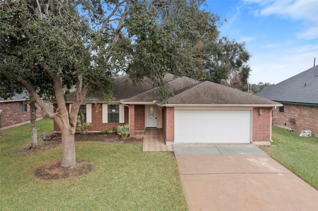 single story home with a garage and a front lawn