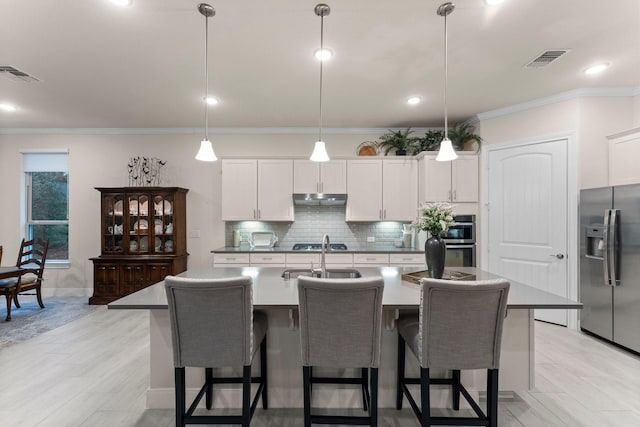 kitchen with white cabinets, pendant lighting, an island with sink, and stainless steel appliances