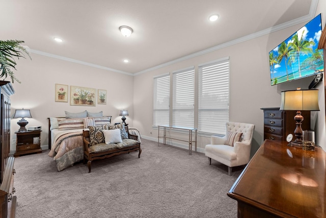 carpeted bedroom featuring crown molding