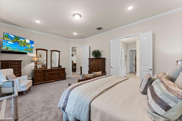 carpeted bedroom with ornamental molding