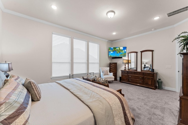 carpeted bedroom with crown molding