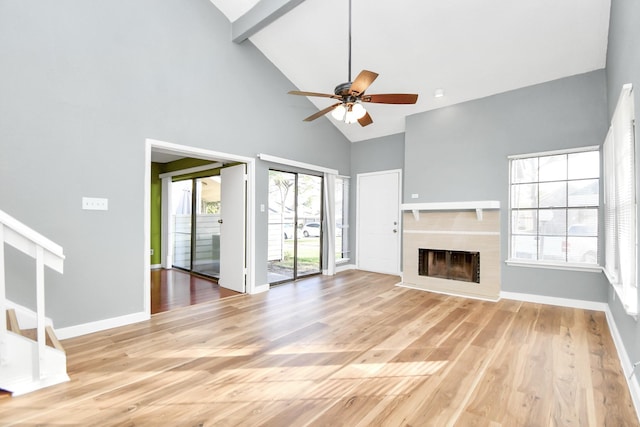 unfurnished living room with ceiling fan, light hardwood / wood-style floors, and high vaulted ceiling