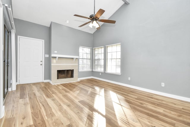 unfurnished living room featuring beam ceiling, ceiling fan, high vaulted ceiling, and light wood-type flooring