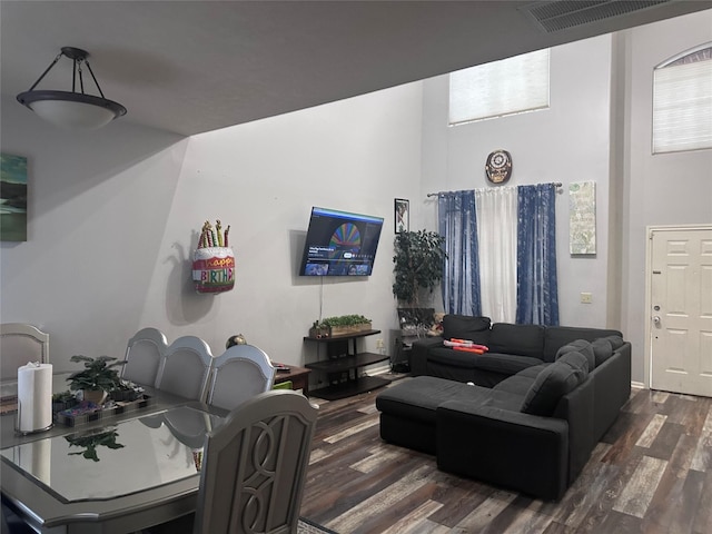 living room with dark hardwood / wood-style floors