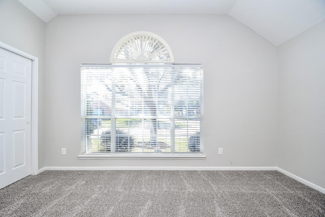 carpeted empty room with lofted ceiling