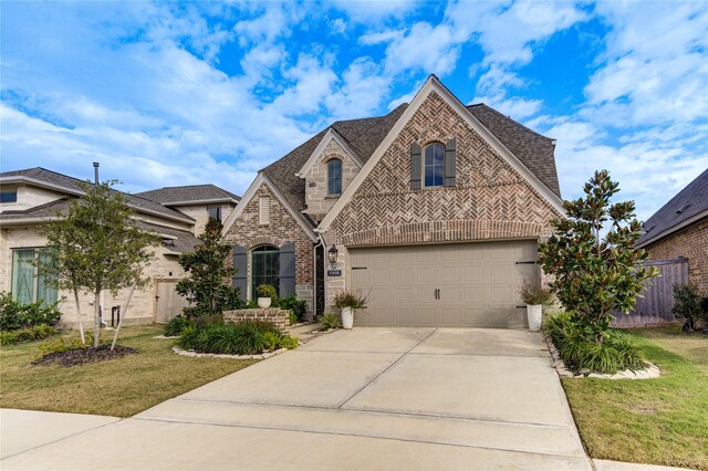 view of front of home with a garage and a front lawn