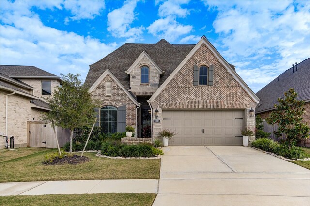 french country inspired facade featuring a front lawn and a garage