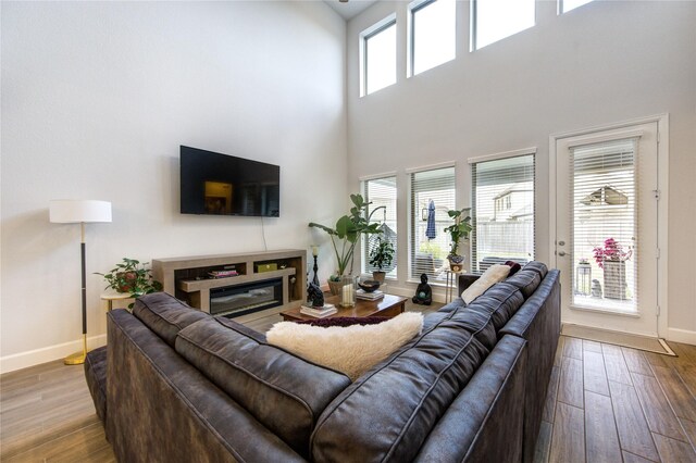 living room with plenty of natural light, hardwood / wood-style floors, and a high ceiling