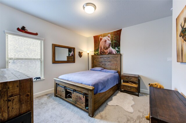 bedroom with light carpet and multiple windows