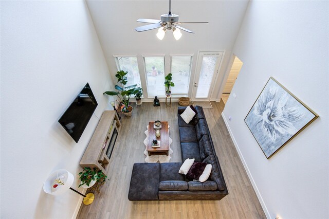 living room with ceiling fan and hardwood / wood-style flooring