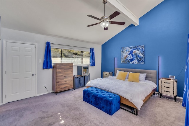 carpeted bedroom featuring vaulted ceiling with beams and ceiling fan