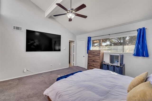 carpeted bedroom featuring lofted ceiling with beams and ceiling fan