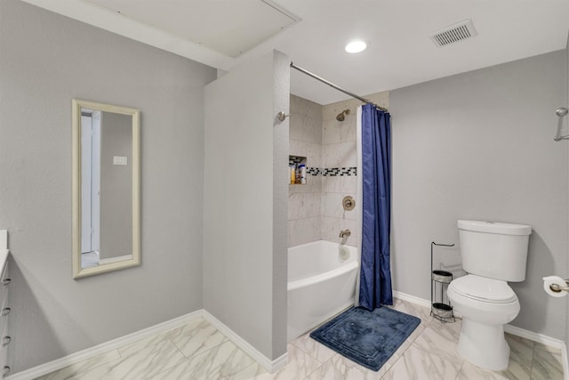 full bathroom featuring vanity, toilet, and shower / bath combo with shower curtain