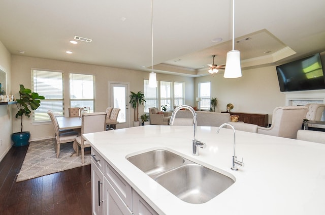 kitchen featuring a raised ceiling, sink, and hanging light fixtures