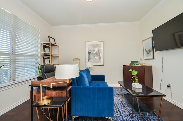 home office with dark wood-type flooring and crown molding