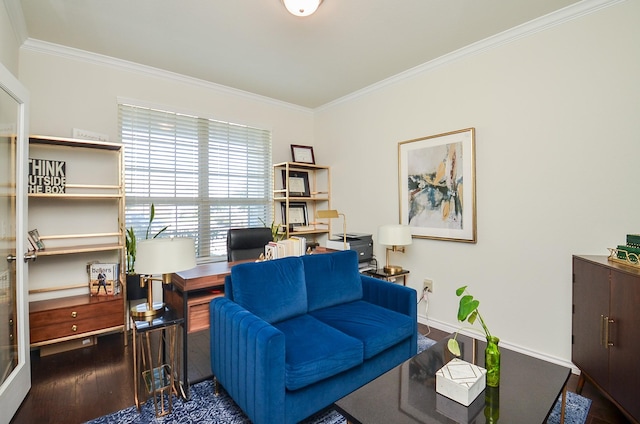 office featuring ornamental molding and dark wood-type flooring