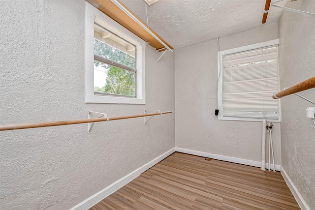 walk in closet with light hardwood / wood-style floors