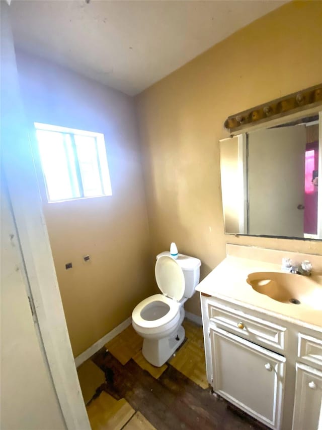 bathroom featuring vanity, wood-type flooring, and toilet